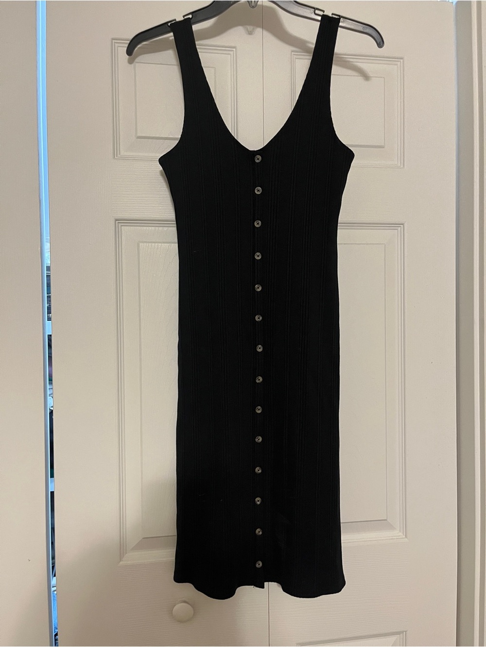 American Eagle Outfitters Black Ribbed Button-Front Midi Dress
